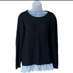 ABStudio Black Cableknit Crewneck Sweater Lace Trim Sz S Whimsigoth Twee